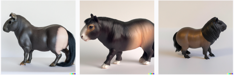 Three guinea pig horse toys, stocky with guinea pig faces and guinea pig markings.